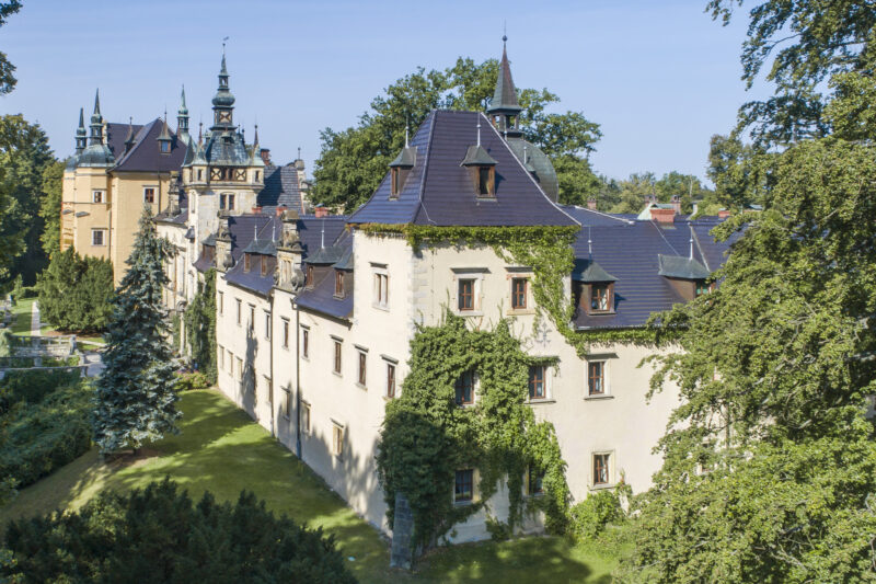 Zamek obrośnięty zielenią, wśród drzew.
